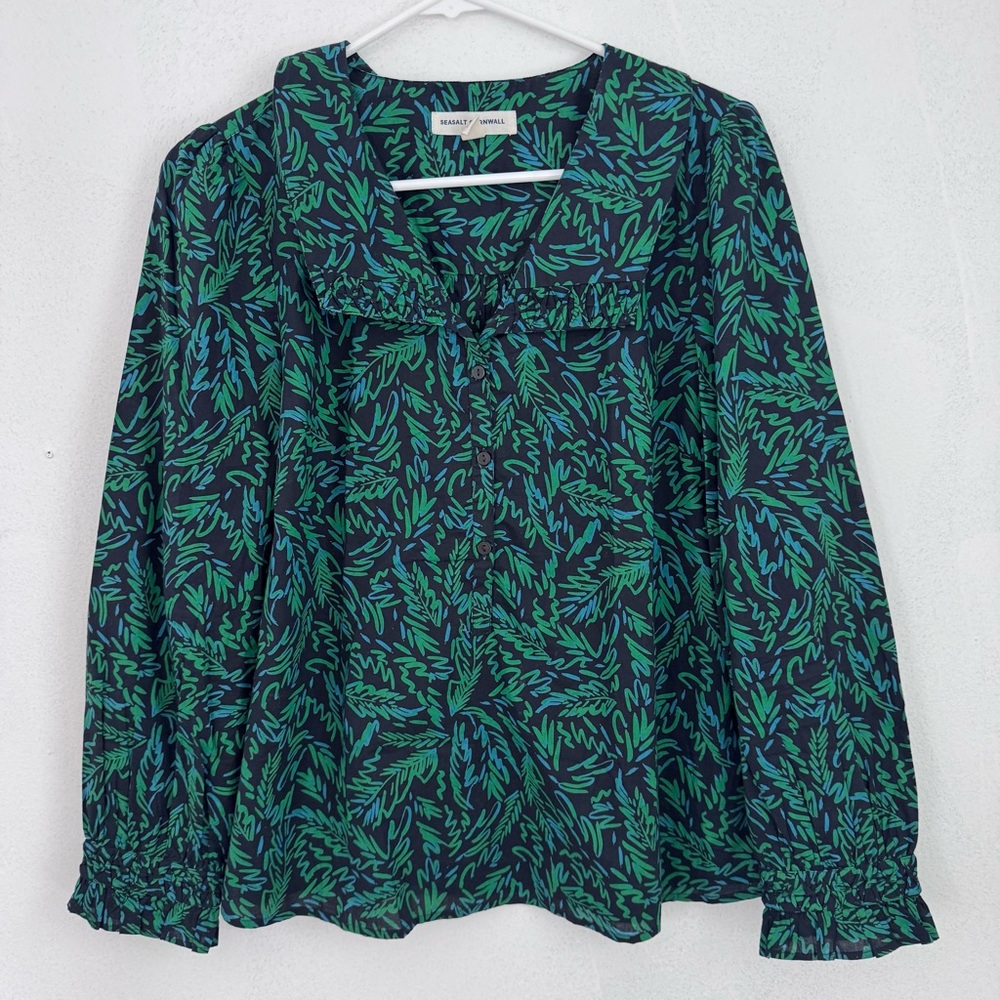 Seasalt Cornwall Ysella Organic Cotton Top Blouse Gree Blue size 8